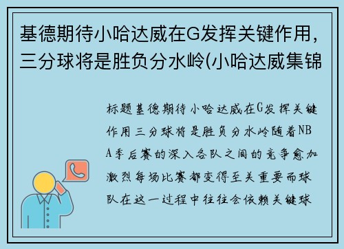 基德期待小哈达威在G发挥关键作用，三分球将是胜负分水岭(小哈达威集锦)