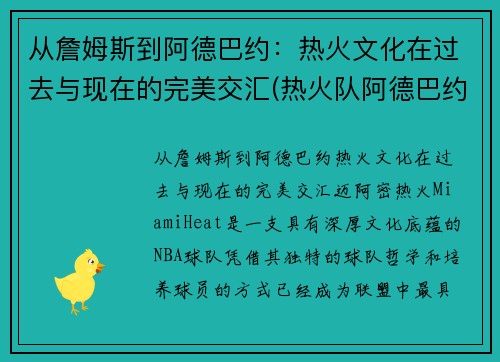 从詹姆斯到阿德巴约：热火文化在过去与现在的完美交汇(热火队阿德巴约)