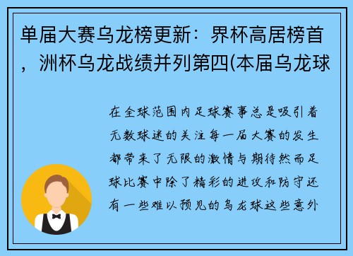 单届大赛乌龙榜更新：界杯高居榜首，洲杯乌龙战绩并列第四(本届乌龙球)