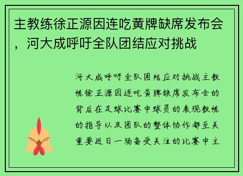 主教练徐正源因连吃黄牌缺席发布会，河大成呼吁全队团结应对挑战
