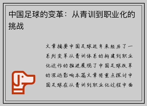 中国足球的变革：从青训到职业化的挑战