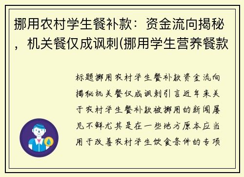 挪用农村学生餐补款：资金流向揭秘，机关餐仅成讽刺(挪用学生营养餐款如何处罚)