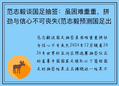 范志毅谈国足抽签：虽困难重重，拼劲与信心不可丧失(范志毅预测国足出线形势)