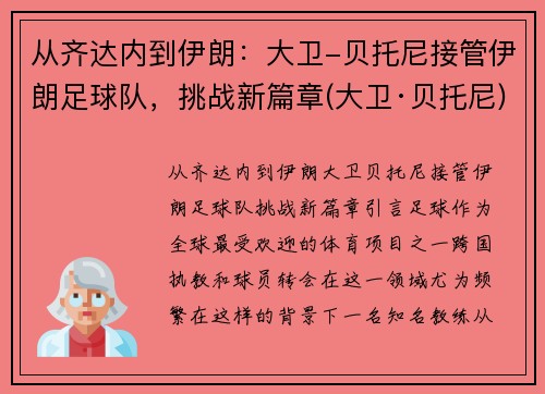 从齐达内到伊朗：大卫-贝托尼接管伊朗足球队，挑战新篇章(大卫·贝托尼)